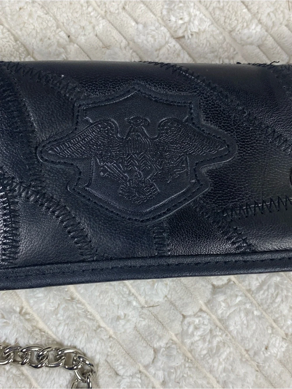 Vintage Black Leather Trucker Biker Chain Wallet Patchwork Eagle Crest 15”